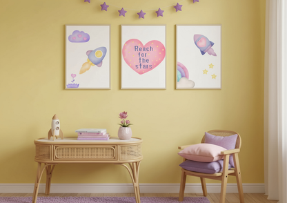 Children's room with decorative wall art, a desk, and chair.