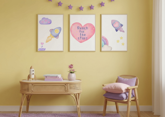 Children's room with decorative wall art, a desk, and chair.