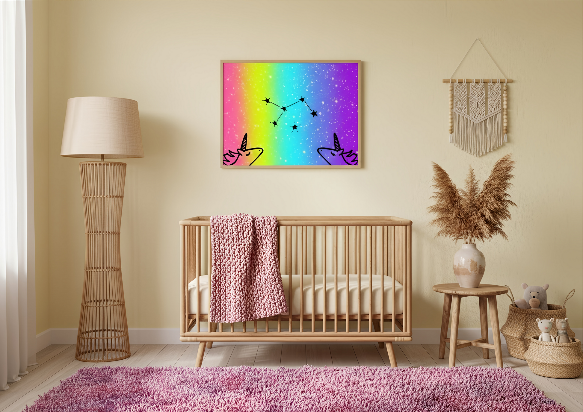 Nursery room with wooden crib, colorful rug, and wall art.