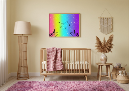 Nursery room with wooden crib, colorful rug, and wall art.