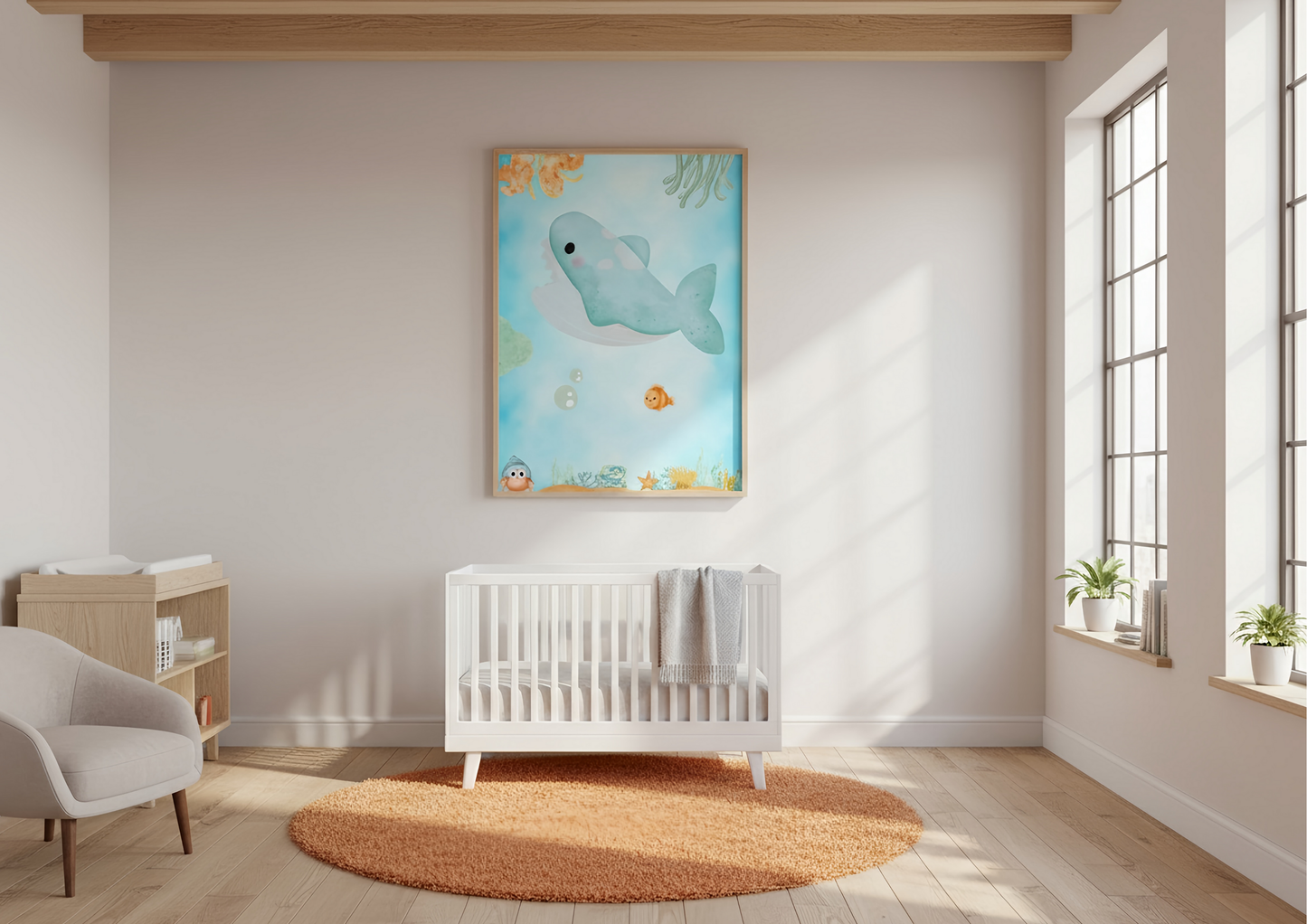 Nursery room with a white crib, round rug, and framed picture of a shark on the wall.