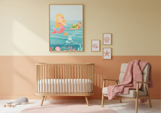 Nursery room with wooden crib, chair, and wall art featuring mermaids.