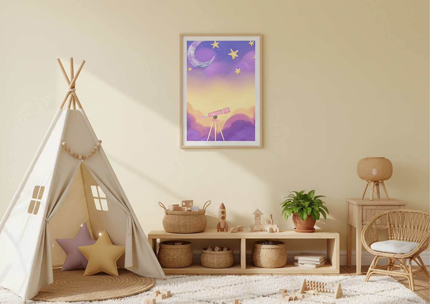 Children's room with teepee, shelves, and wall art depicting a space scene.