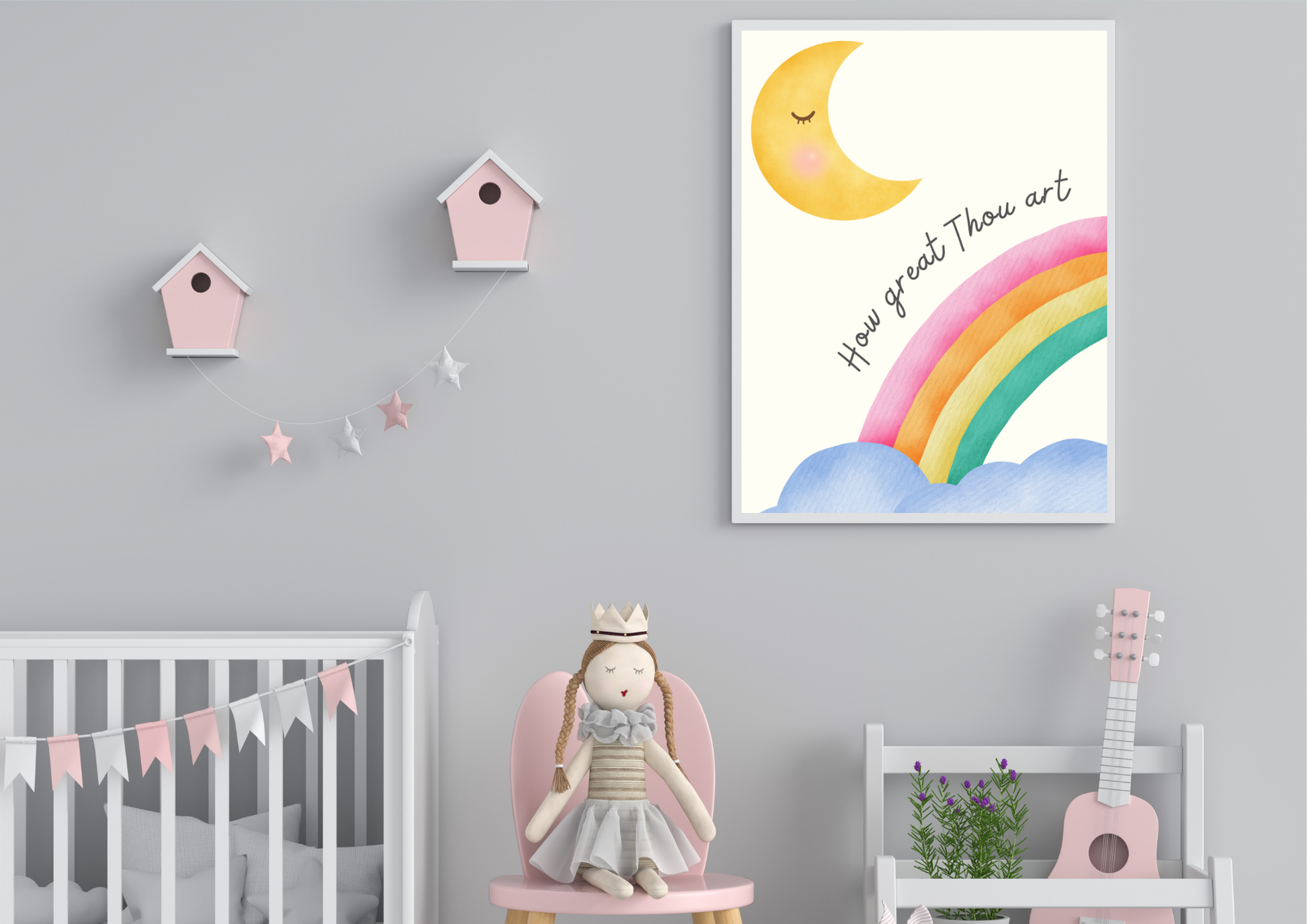 Nursery room with a rainbow and Faith-themed moon poster, crib, rocking chair, and guitar.