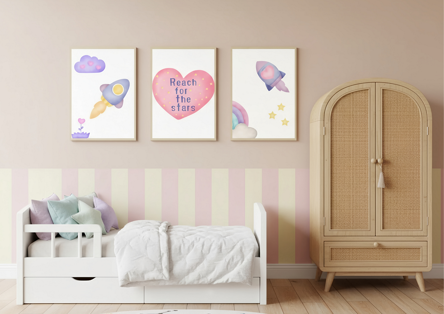 Children's bedroom with pastel wall decorations, a bed, and wardrobe.