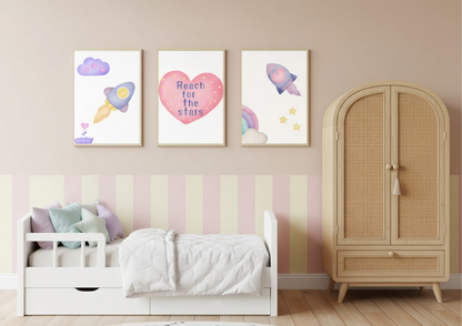 Children's bedroom with pastel wall decorations, a bed, and wardrobe.