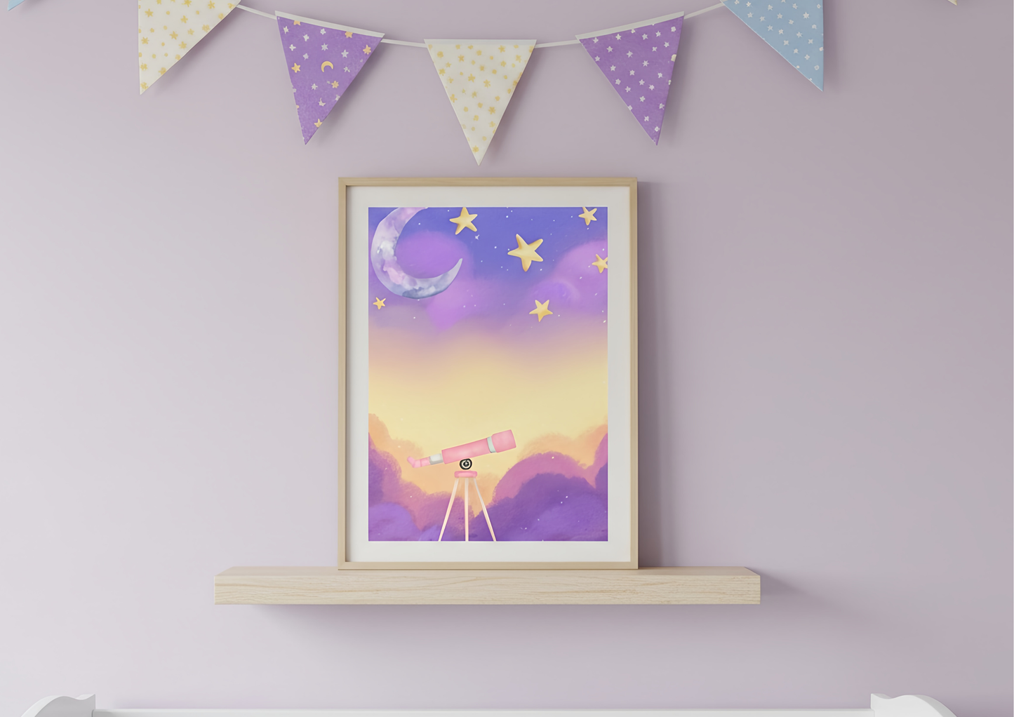Framed artwork with a space theme on a shelf against a purple wall with decorative flags.