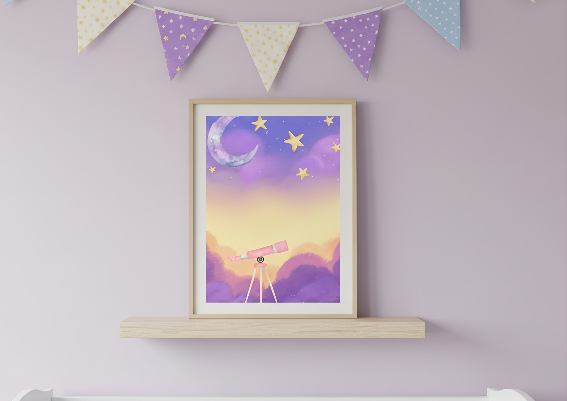 Framed artwork with a space theme on a shelf against a purple wall with decorative flags.