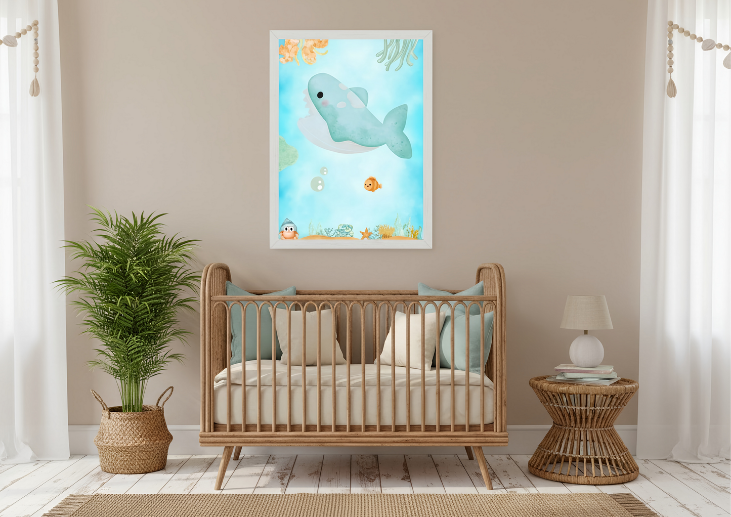 Nursery room with wooden crib, decorative pillow, and framed artwork of a dolphin.