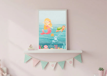 Framed artwork of a mermaid and turtle on a shelf with decorative flags in a room.