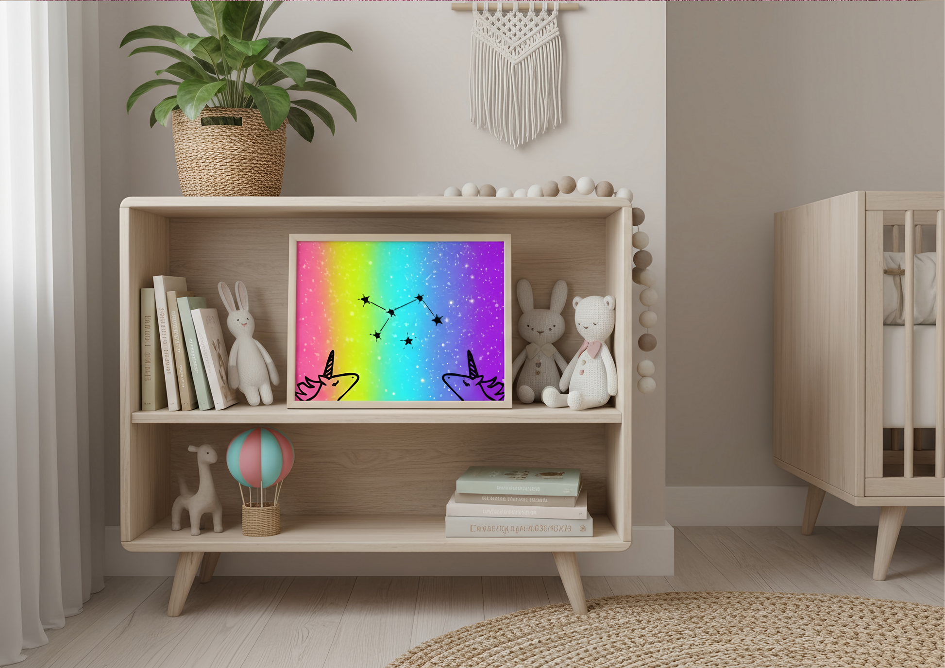Wooden shelf with children's toys and a colorful framed picture in a room with a crib and plant.