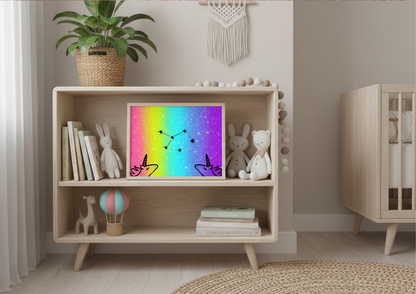 Wooden shelf with children's toys and a colorful framed picture in a room with a crib and plant.