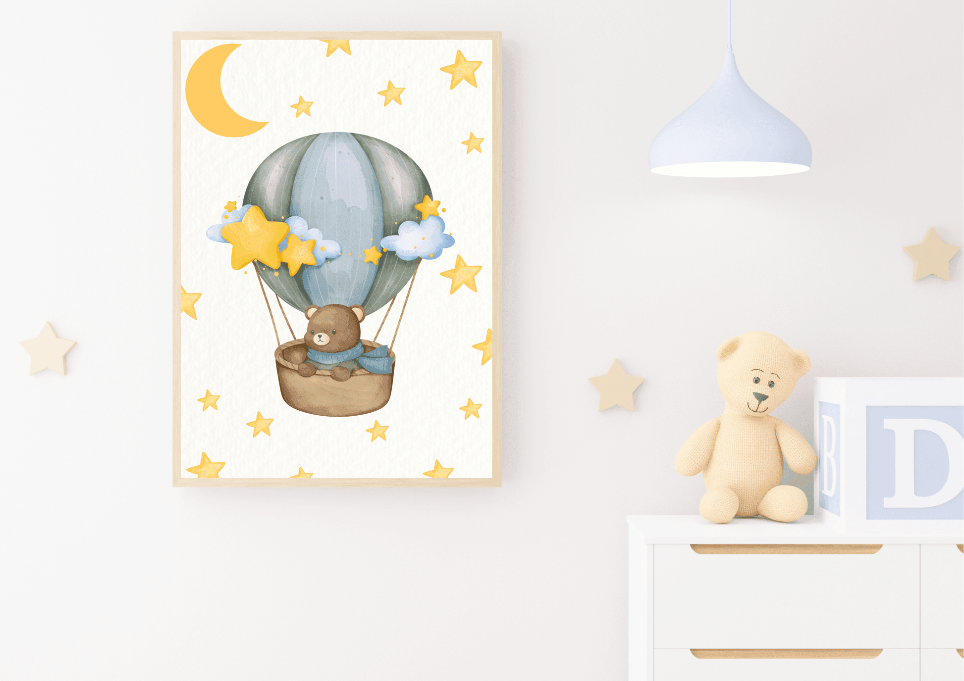 Digital nursery print featuring bear in hot air balloon