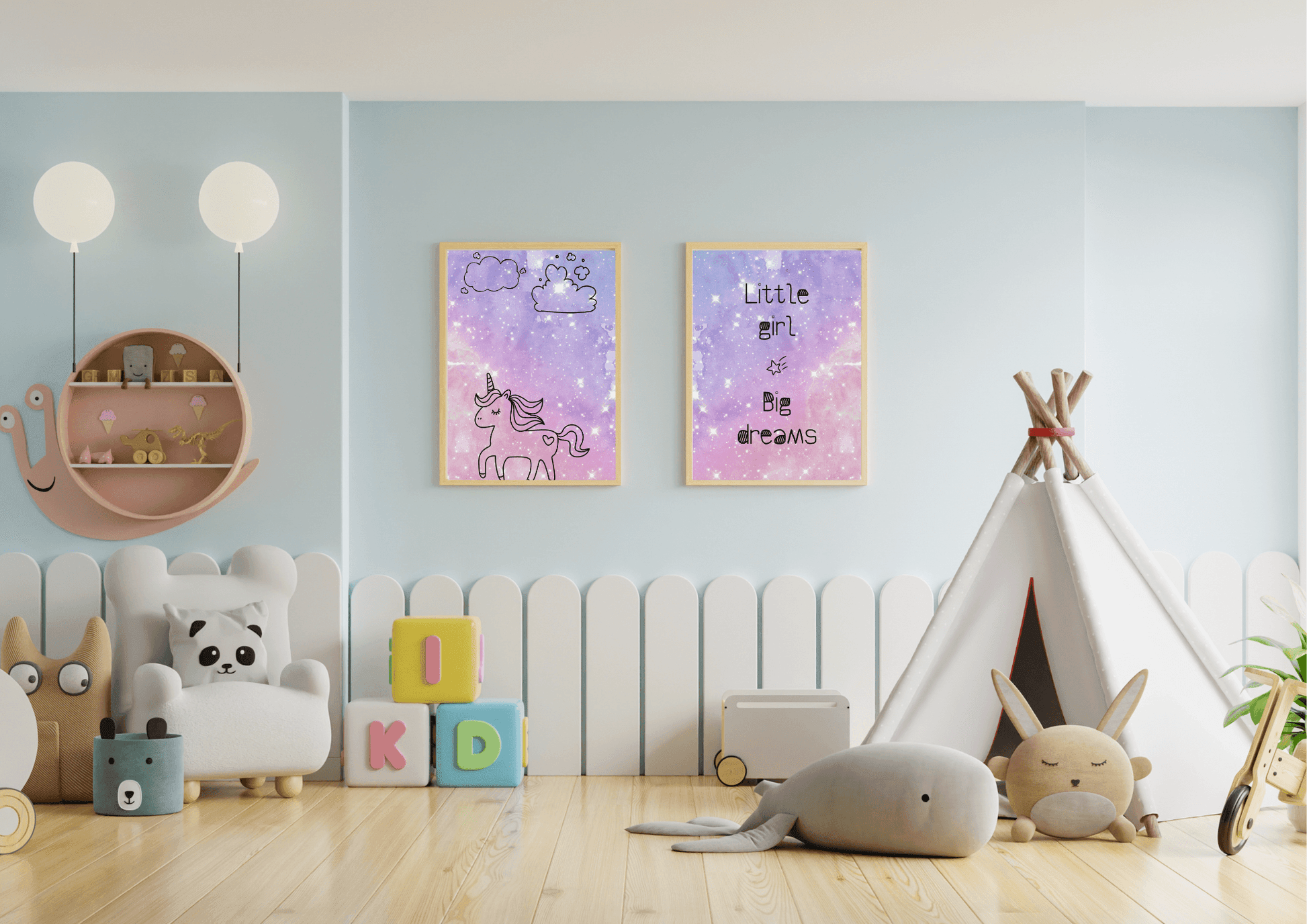 Set of two purple spaced themed unicorn prints