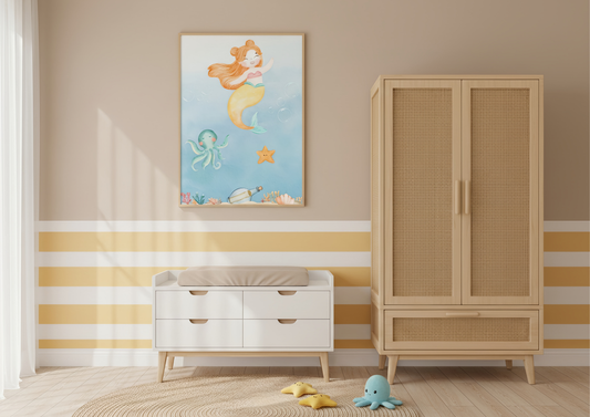Nursery room with wooden wardrobe, changing table, and mermaid artwork on the wall.