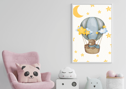 Digital nursery print featuring bear in hot air balloon