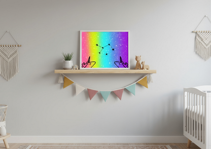Nursery room with a colorful abstract painting on a shelf, a crib, and decorative elements.