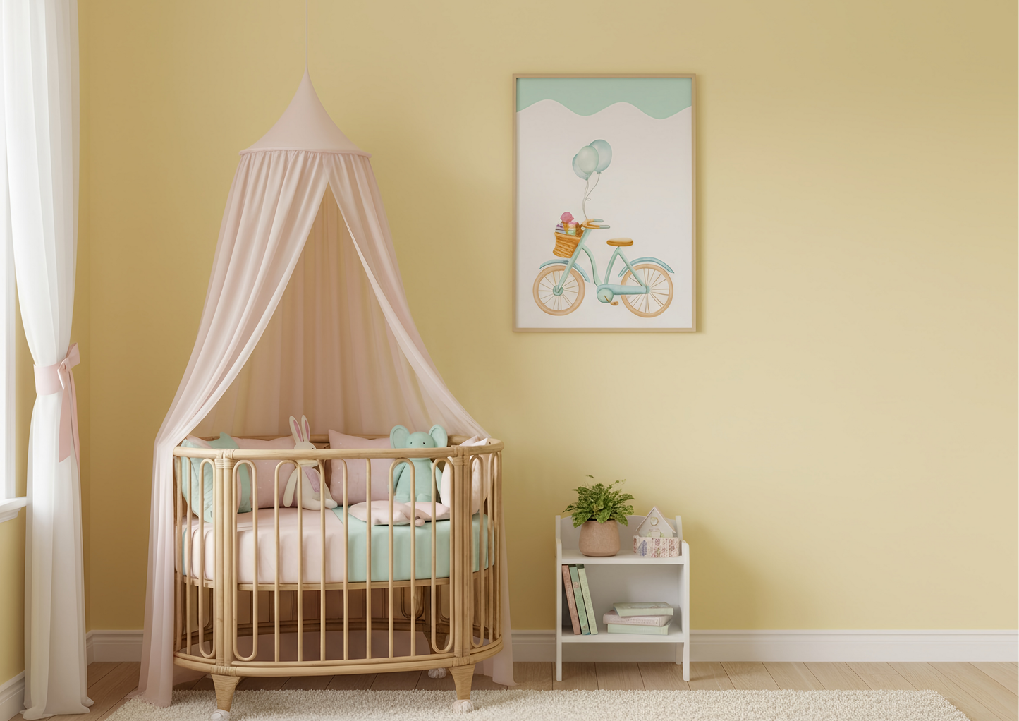 Nursery room with a crib, canopy, and wall art on a yellow wall.