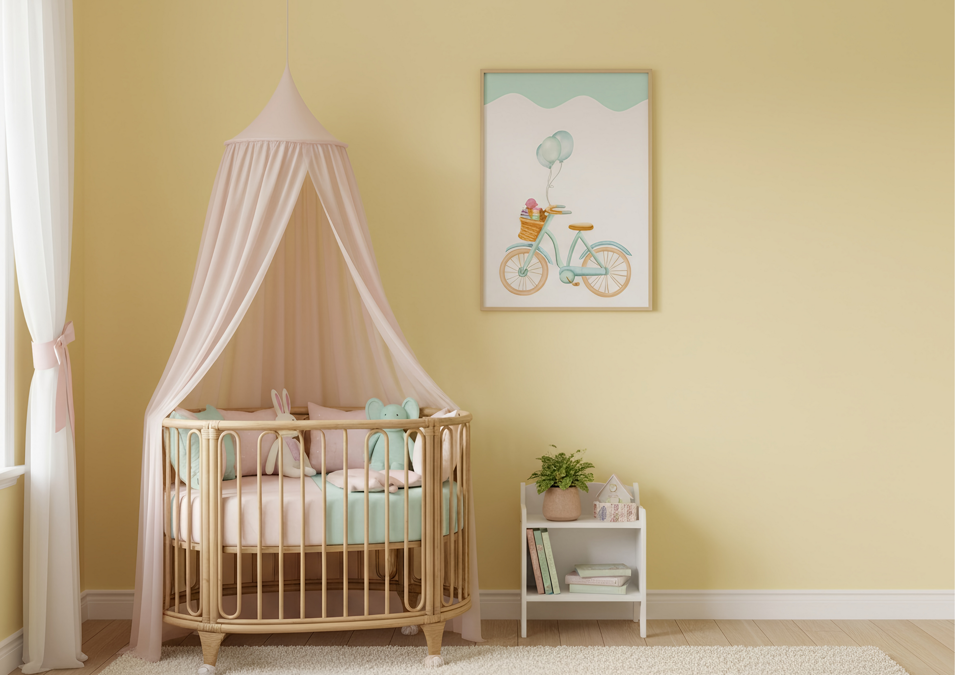 Nursery room with a crib, canopy, and wall art on a yellow wall.