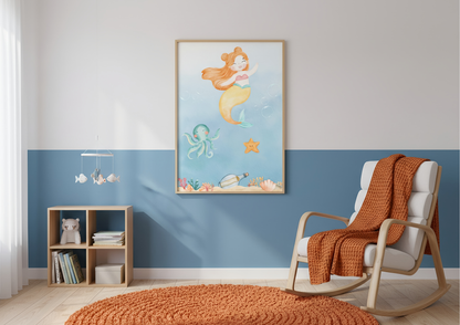 Children's room with a mermaid painting on the wall, wooden chair with orange blanket, and bookshelf.