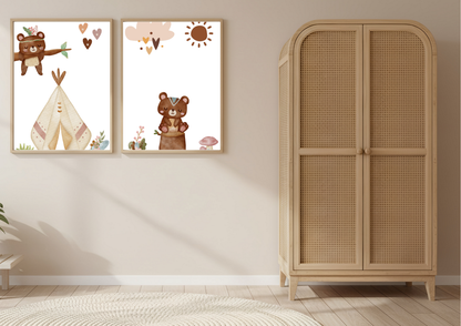 Aztec Bear Nursery Prints (Set of 2) | Tribal Woodland Wall Art | Gender Neutral