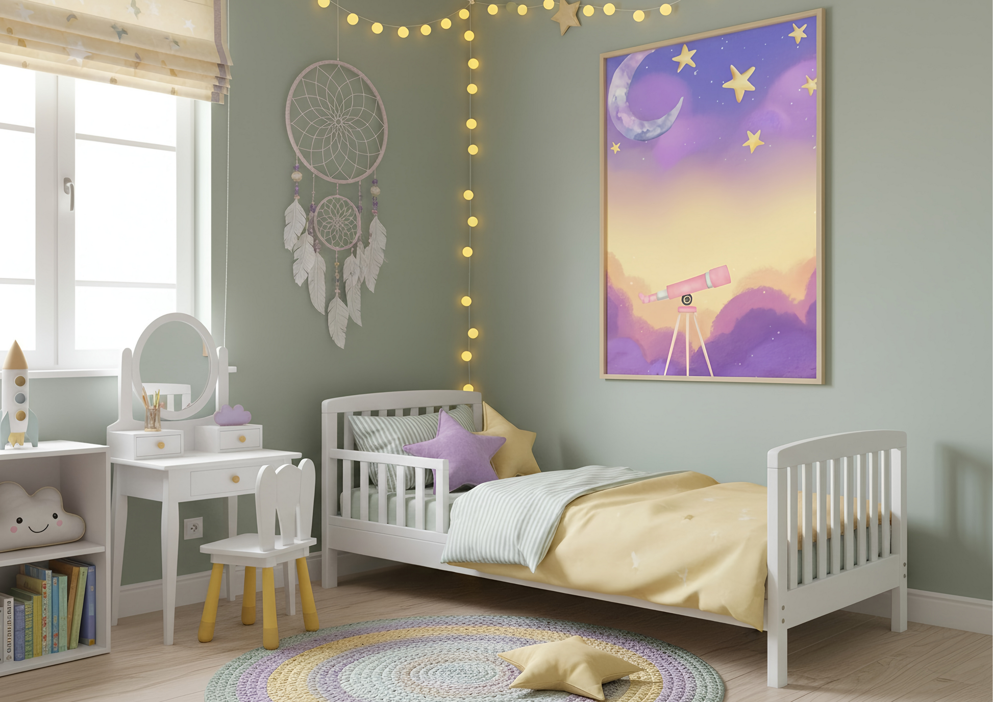 Children's bedroom with a bed, desk, and wall decorations.