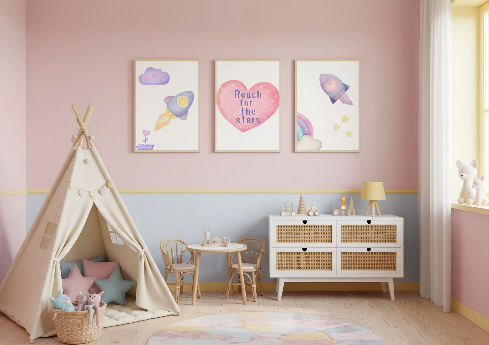 Children's room with pink walls, teepee, table, chairs, and decorative posters.