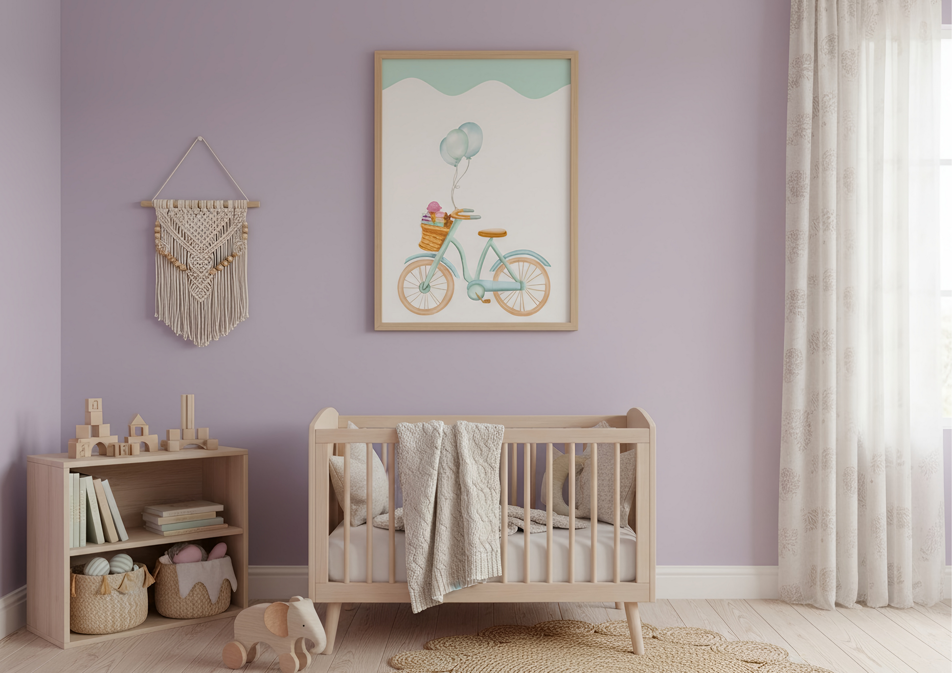 Nursery room with a crib, bookshelf, and decorative wall art on a purple wall.