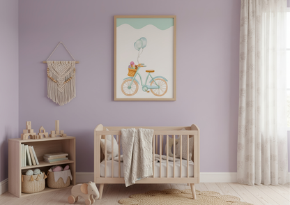 Nursery room with a crib, bookshelf, and decorative wall art on a purple wall.