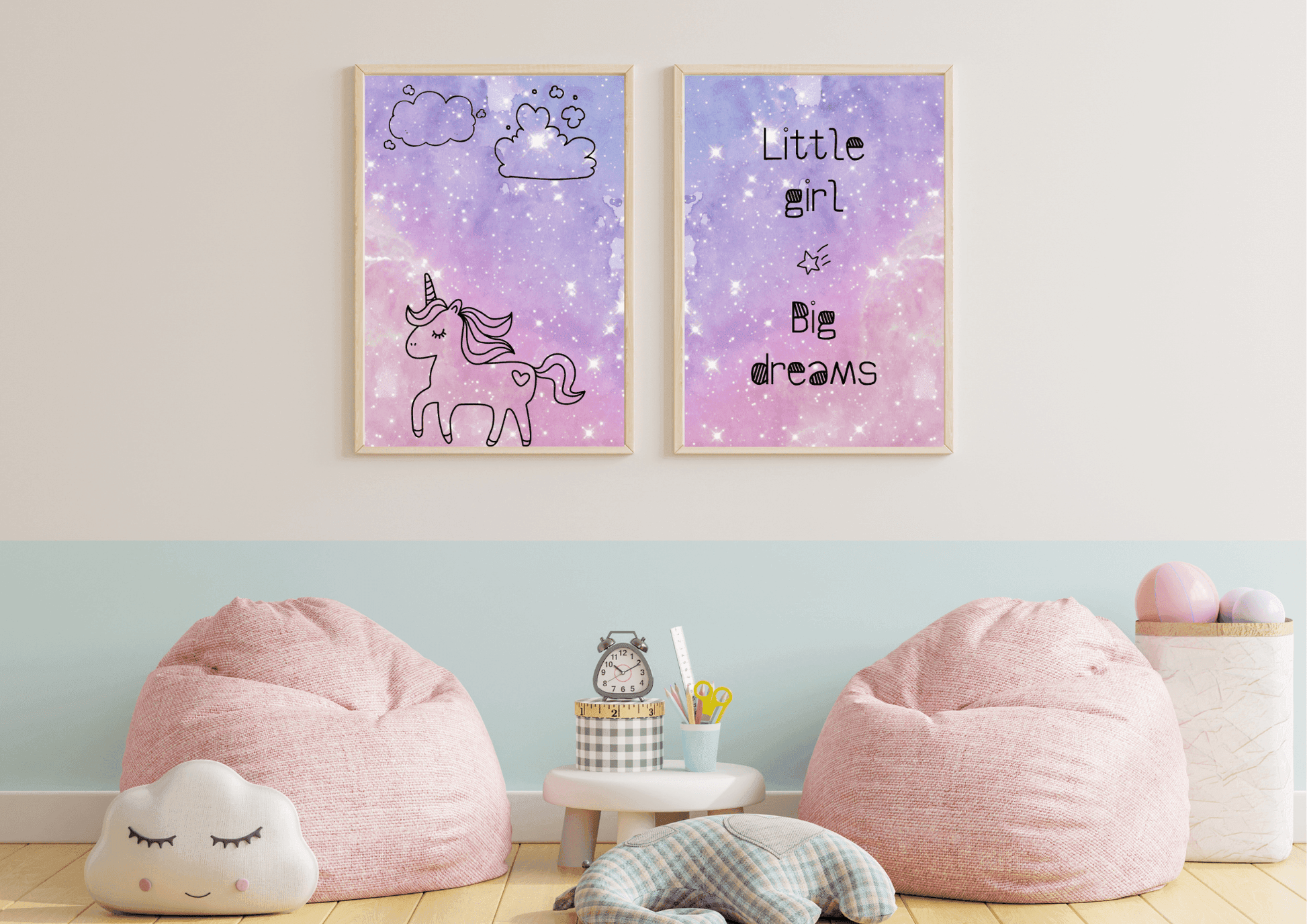 Set of two purple spaced themed unicorn prints