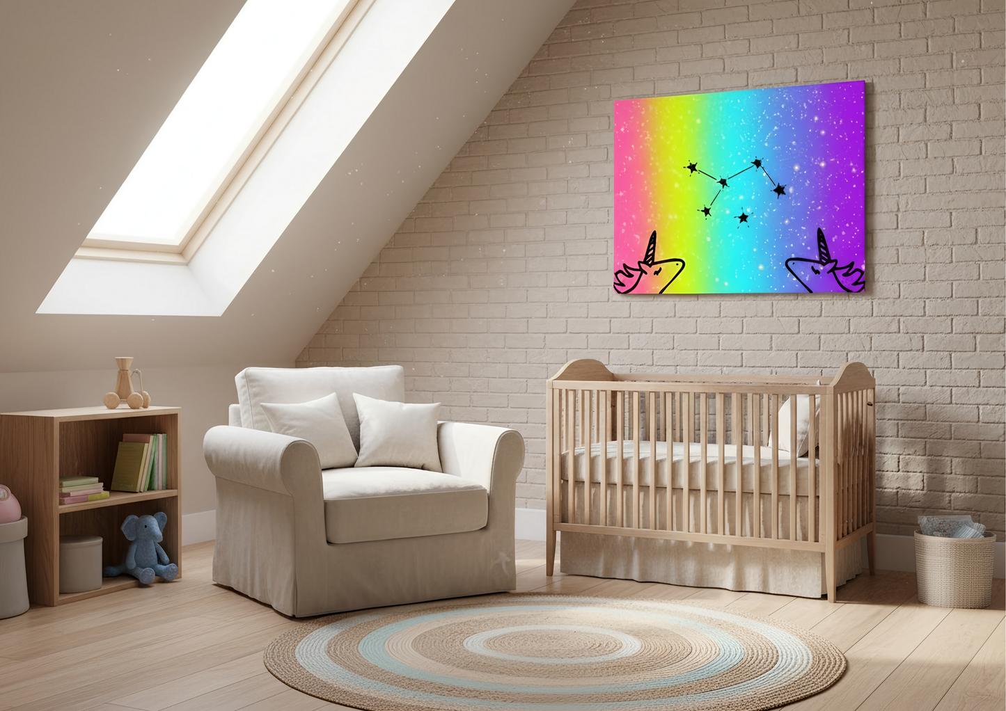 Nursery room with a crib, armchair, and colorful wall art.