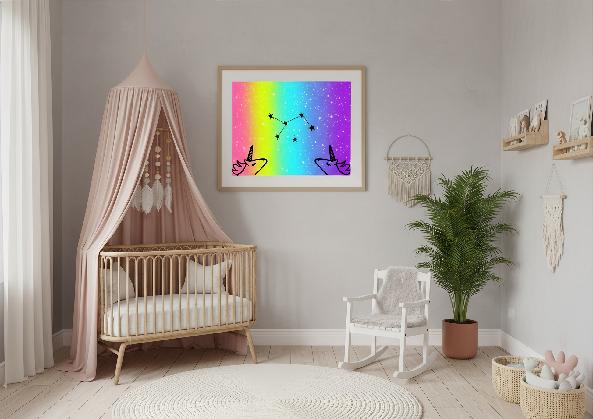 Nursery room with crib, colorful wall art, and rocking chair.