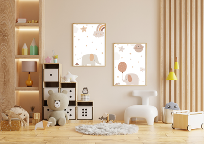 Children's room with teddy bear, shelves, and elephant wall art