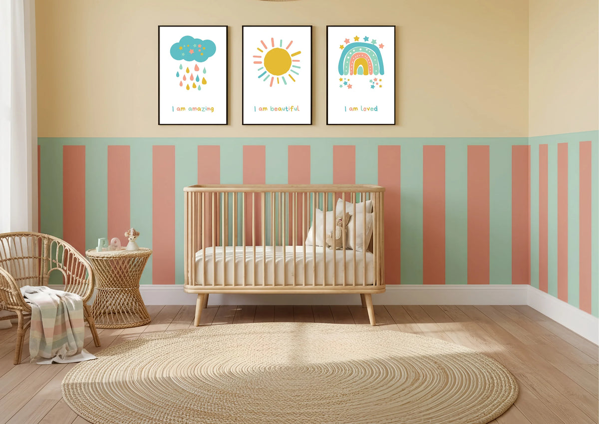 Nursery room with a crib, colorful wall art, and striped wallpaper.
