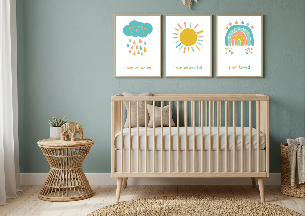 Nursery room with wooden crib, colorful affirmation wall art, and wicker furniture.