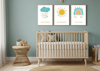 Nursery room with wooden crib, colorful affirmation wall art, and wicker furniture.