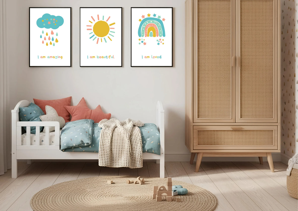 Children's room with a bed, wardrobe, and wall art featuring a cloud, sun, and rainbow.