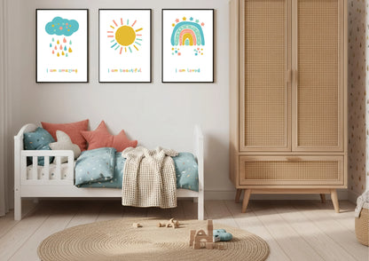Children's room with a bed, wardrobe, and wall art featuring a cloud, sun, and rainbow.