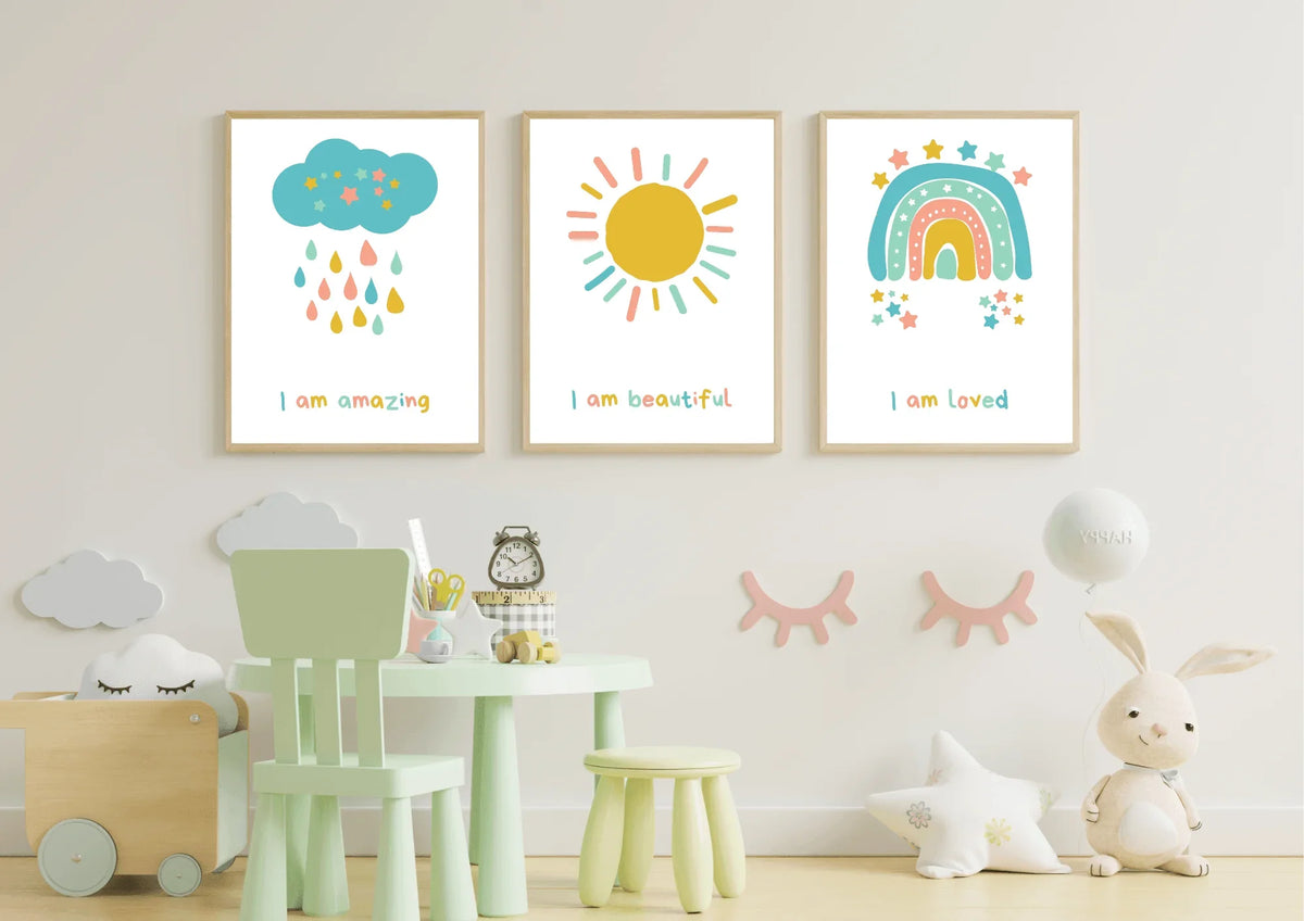 set of three nursery prints, featuring a cloud,  rainbow, and a sun with positive affirmations