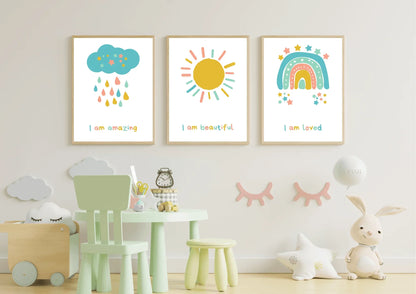 set of three nursery prints, featuring a cloud,  rainbow, and a sun with positive affirmations