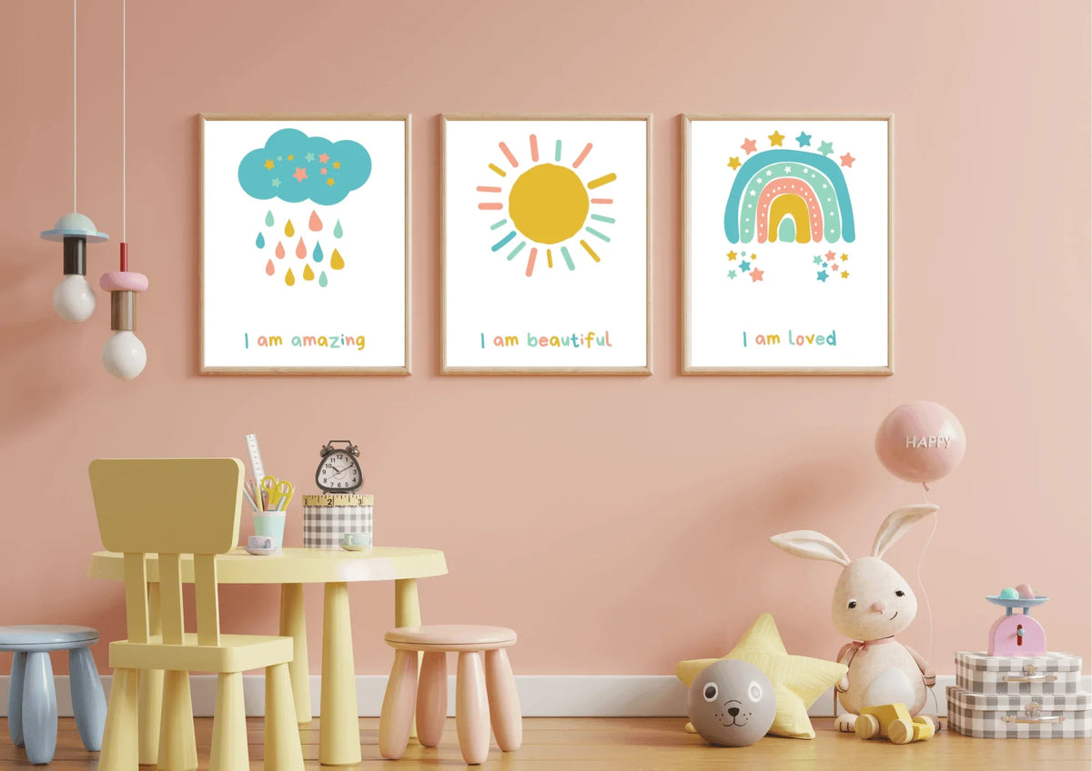 set of three nursery prints, featuring a cloud,  rainbow, and a sun with positive affirmations