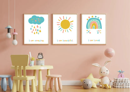 set of three nursery prints, featuring a cloud,  rainbow, and a sun with positive affirmations