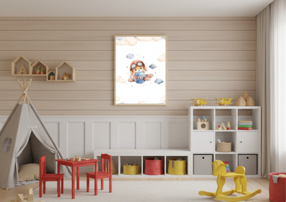 Watercolor squirrel pilot print in a playful playroom with neutral wooden walls, a yellow table, and red accents.
