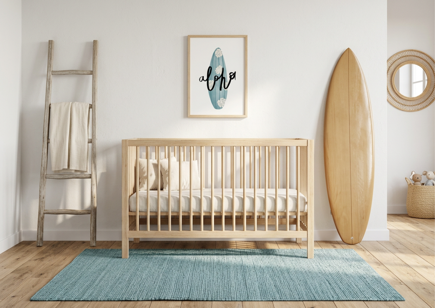 A minimalist coastal nursery featuring a light-wood spindle crib centered against a white wall. Above the crib hangs a vertical wooden-framed print of a turquoise surfboard with white monstera leaves and the word "aloha" in black script. To the right, a large natural wood surfboard leans against the wall, while a decorative wooden ladder with a cream throw sits to the left. The scene is completed with a textured turquoise-blue area rug on light wood floors, creating a bright and airy seaside aesthetic.