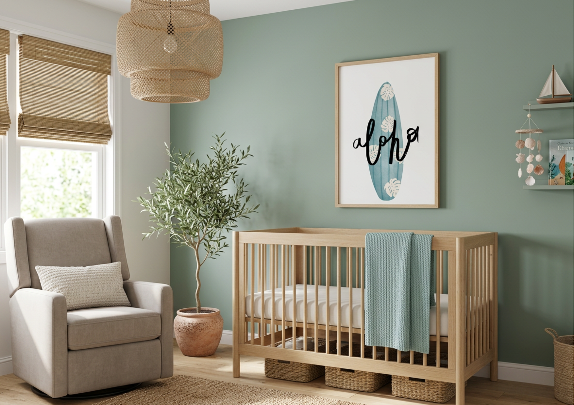 A serene coastal-inspired nursery featuring a sage green accent wall. A light natural wood spindle crib is centered in the room, draped with a textured turquoise-blue blanket that matches the "aloha" surfboard artwork hanging in a wooden frame above it. To the left, a potted olive tree stands beside a neutral-toned glider chair. The room is filled with soft, natural light from a window with a woven wood blind, and a tiered rattan pendant light hangs from the ceiling.