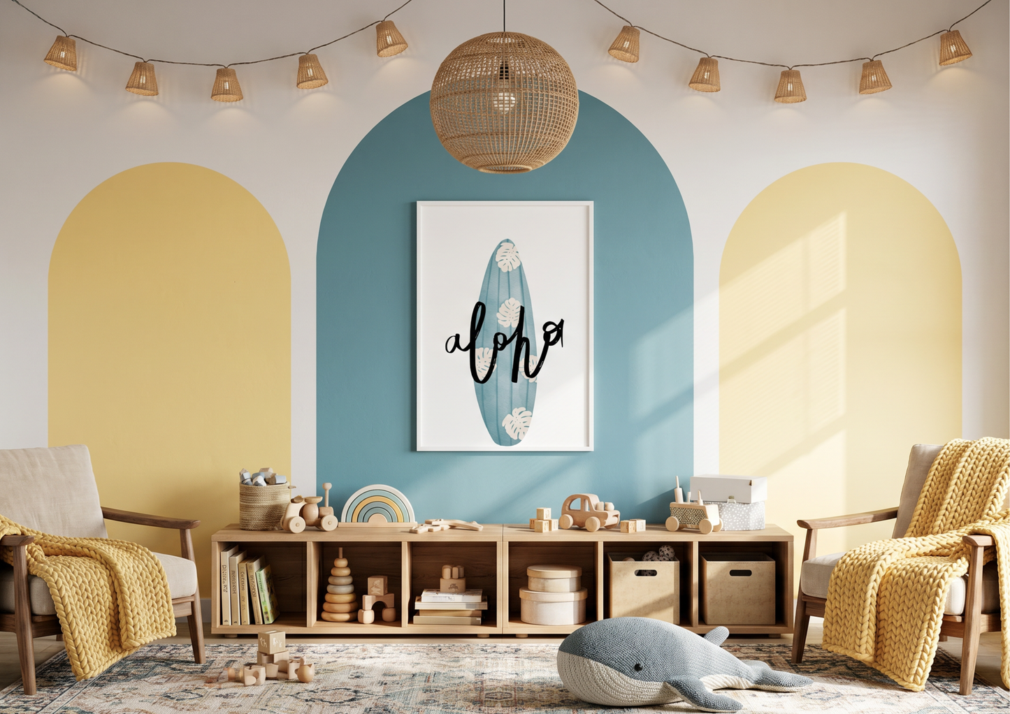A bright and airy playroom featuring a white wall with three large painted arches: two soft yellow arches flanking a central deep blue arch. Centered within the blue arch is a vertical white-framed print of a turquoise surfboard with white monstera leaves and the word "aloha" in black script. A low wooden storage bench sits below, filled with wooden toys, books, and baskets, while two armchairs with chunky yellow knit throws face each other on a patterned rug. The room is decorated with a large spherical ra