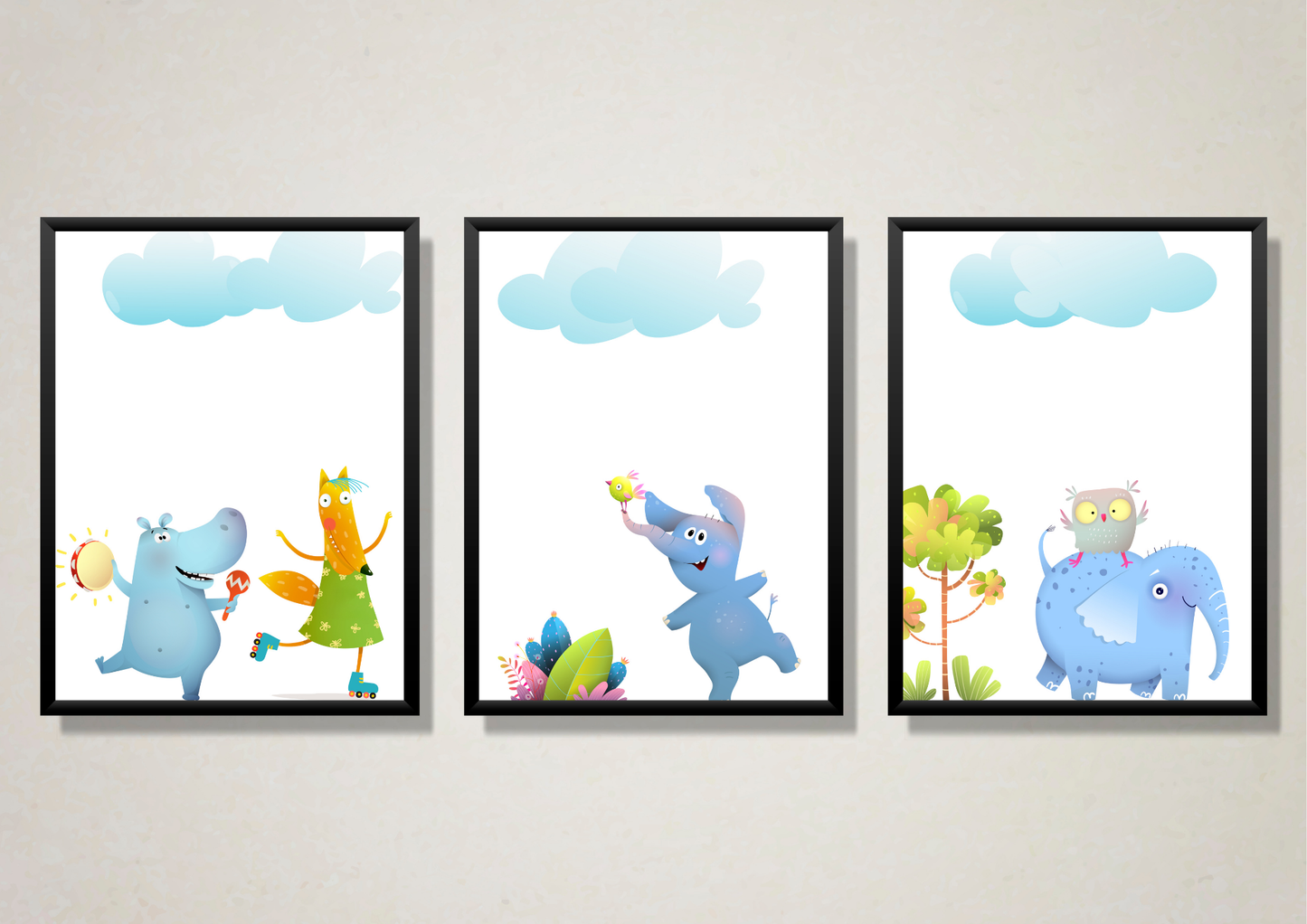 A set of three whimsical animal art prints in black frames, featuring a hippo, an elephant, and an owl.