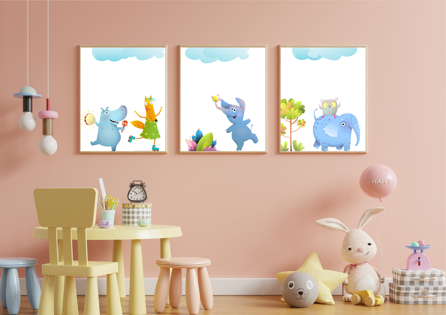 A set of three whimsical animal art prints with wooden frames on a pink wall in a child's playroom.