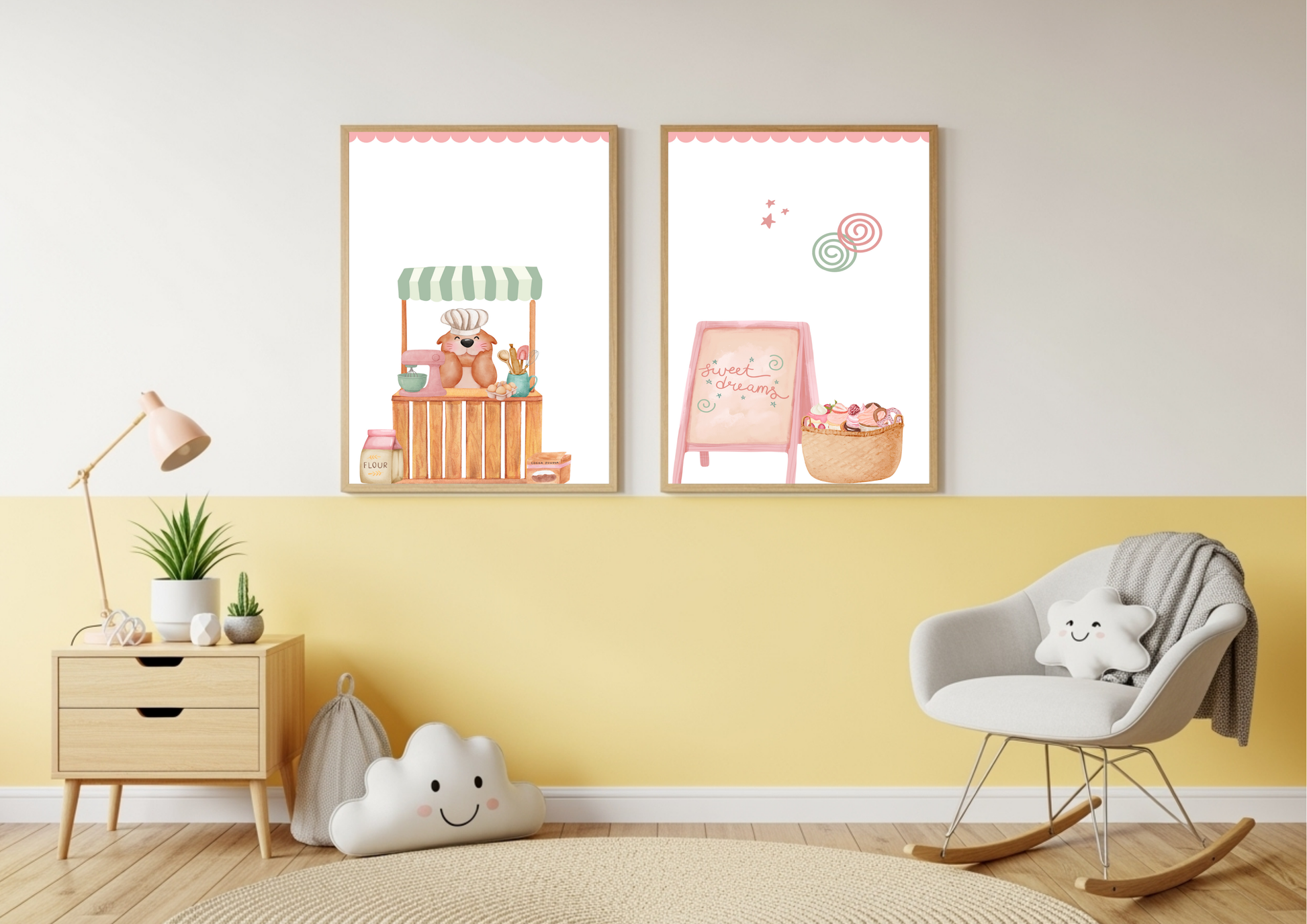 Children's room with two framed artworks on a yellow wall, a rocking chair, and a lamp.