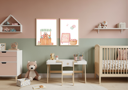 Children's room with pink and green walls, furniture, sweet bakery themed wall art, and toys.